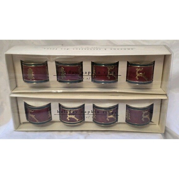 Set of 8 Pier 1 Red Green Brass Enamel Tree Deer Napkin Rings Christmas Holiday - Picture 1 of 6